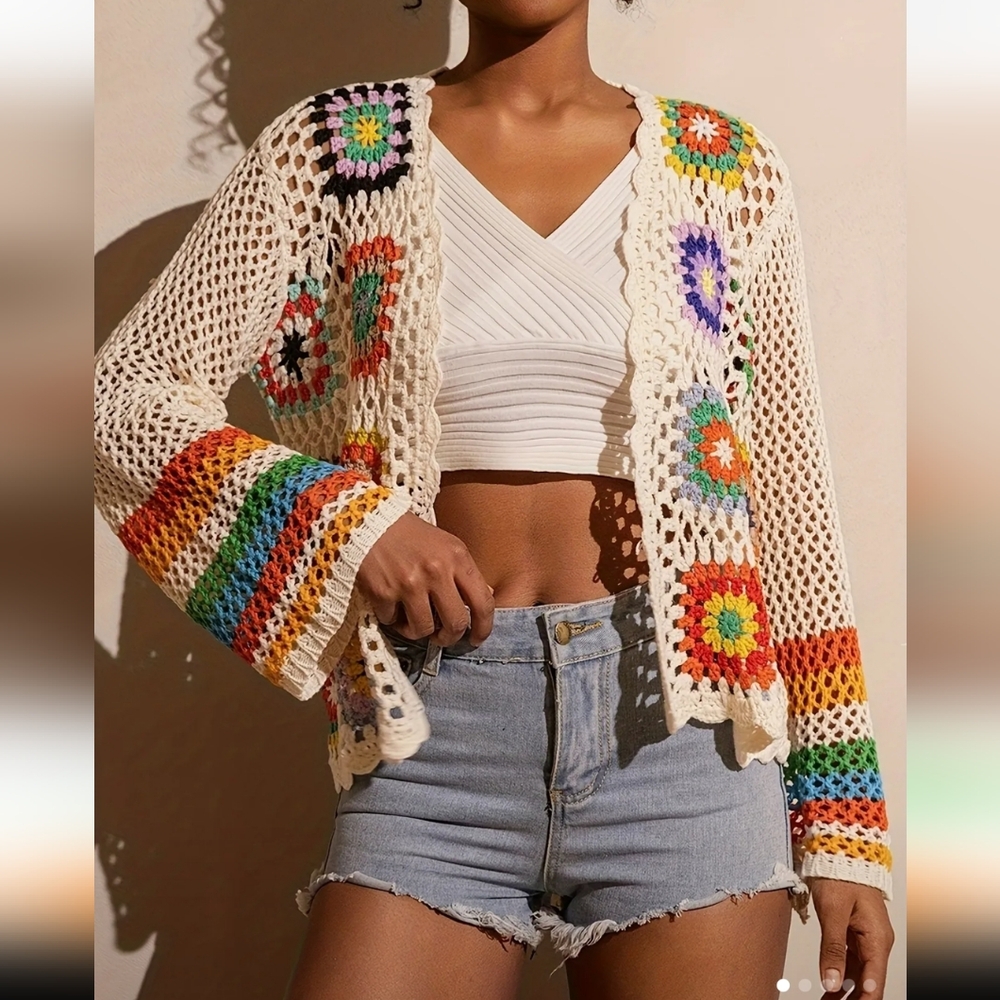 New  Floral Colorful Crochet Kimono Cardigan with Hollow Long Sleeves